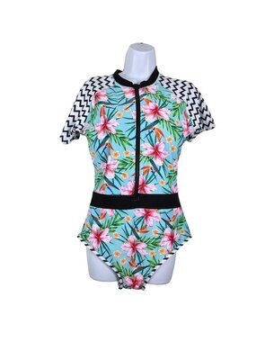 Womens XL Floral & Chevron Short Sleeve Zip-Front Swimsuit Tropical Beach
